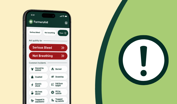 Smartphone displaying the FarmersAid emergency guidance app beside a large emergency alert icon, set against a green and cream rural-inspired background. The app screen shows step-by-step emergency incident options designed for serious on-farm accidents.
