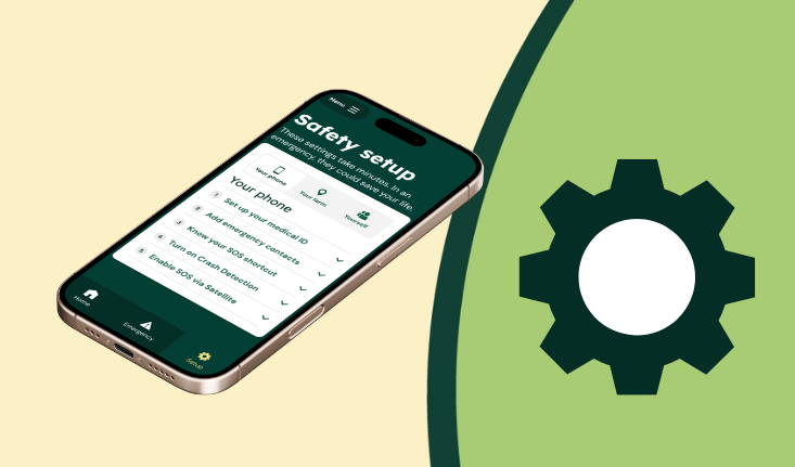 FarmersAid app safety setup screen beside a settings icon on a rural-inspired background