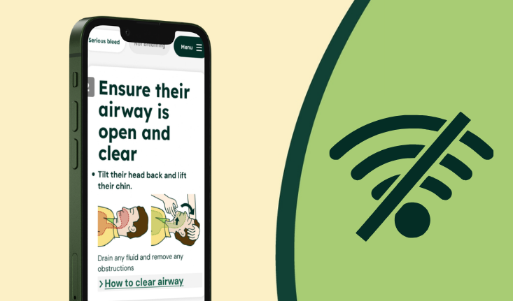 FarmersAid app showing offline emergency guidance beside a no-signal icon on a rural-inspired background