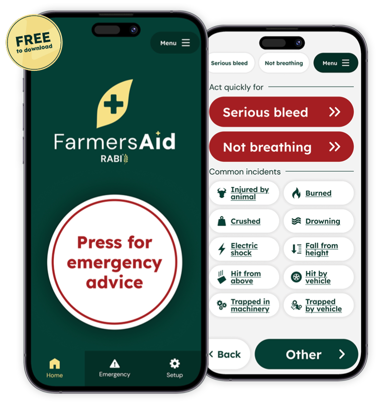 FarmersAid mobile app showing emergency guidance for serious on-farm accidents